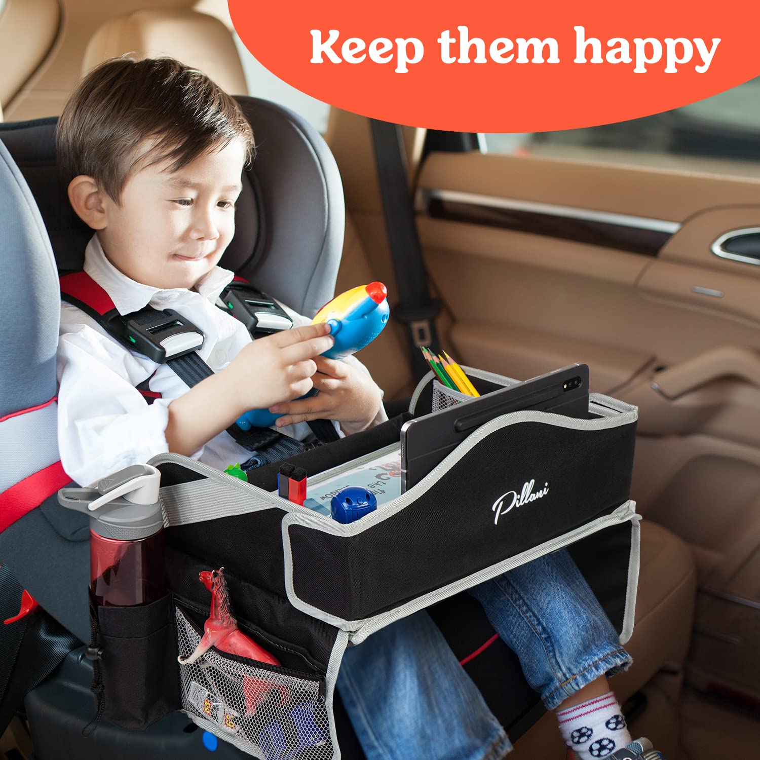 PILLANI Kids Travel Tray for Car - Car Seat Tray with Activity Sheets & Pens, Road Trip Essentials