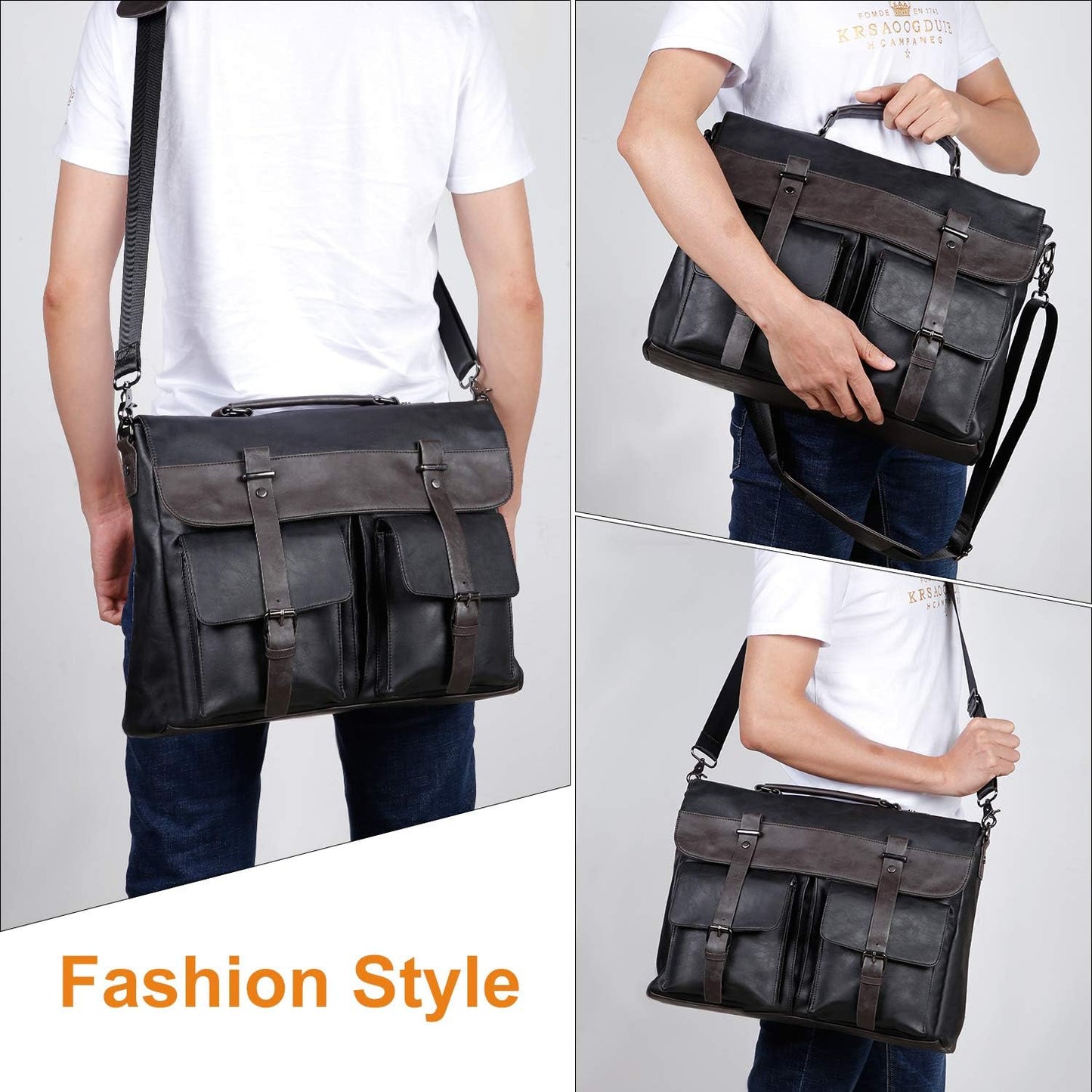 seyfocnia Men's Vintage Black 17.3 Inch Water Resistant PU Leather Laptop Bag, Messenger Bag