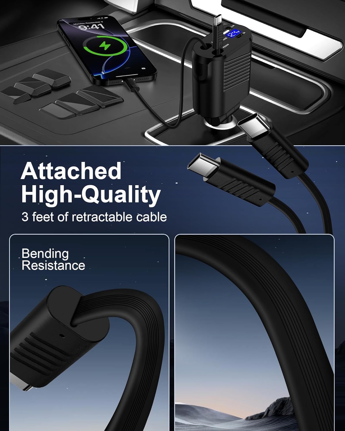 4-in-1 Retractable Car Charger Fast Charging Dual USB Ports & USB C Cables, USBC for iPhone 17 16e 16 Pro Max 16Pro 15 Plus Samsung Galaxy Cigarette Lighter Cargodor C Type Cord Android Car Charger