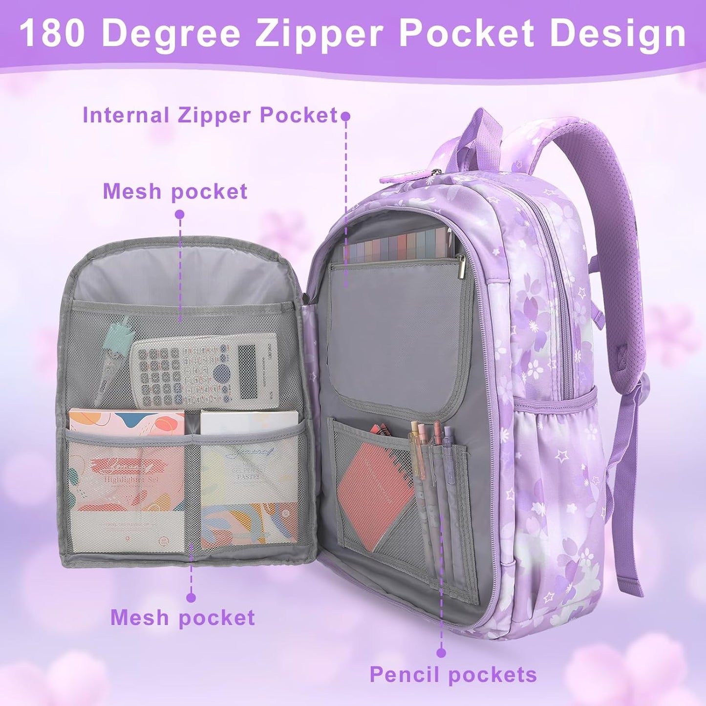 Backpack for Girls 3pcs Set, Kids Backpack for Girls with Lunch Box Pencil Case Set for Teens Elementary Middle School Bags (Purple-3 Piece Set-1)