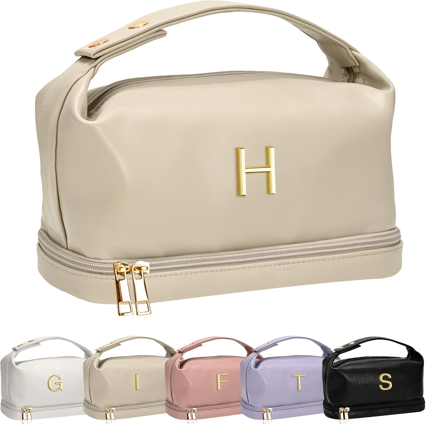 Makeup Bag with Handle, Waterproof Double Layer Cosmetic Bag, Large Capacity PU Leather Makeup Bags