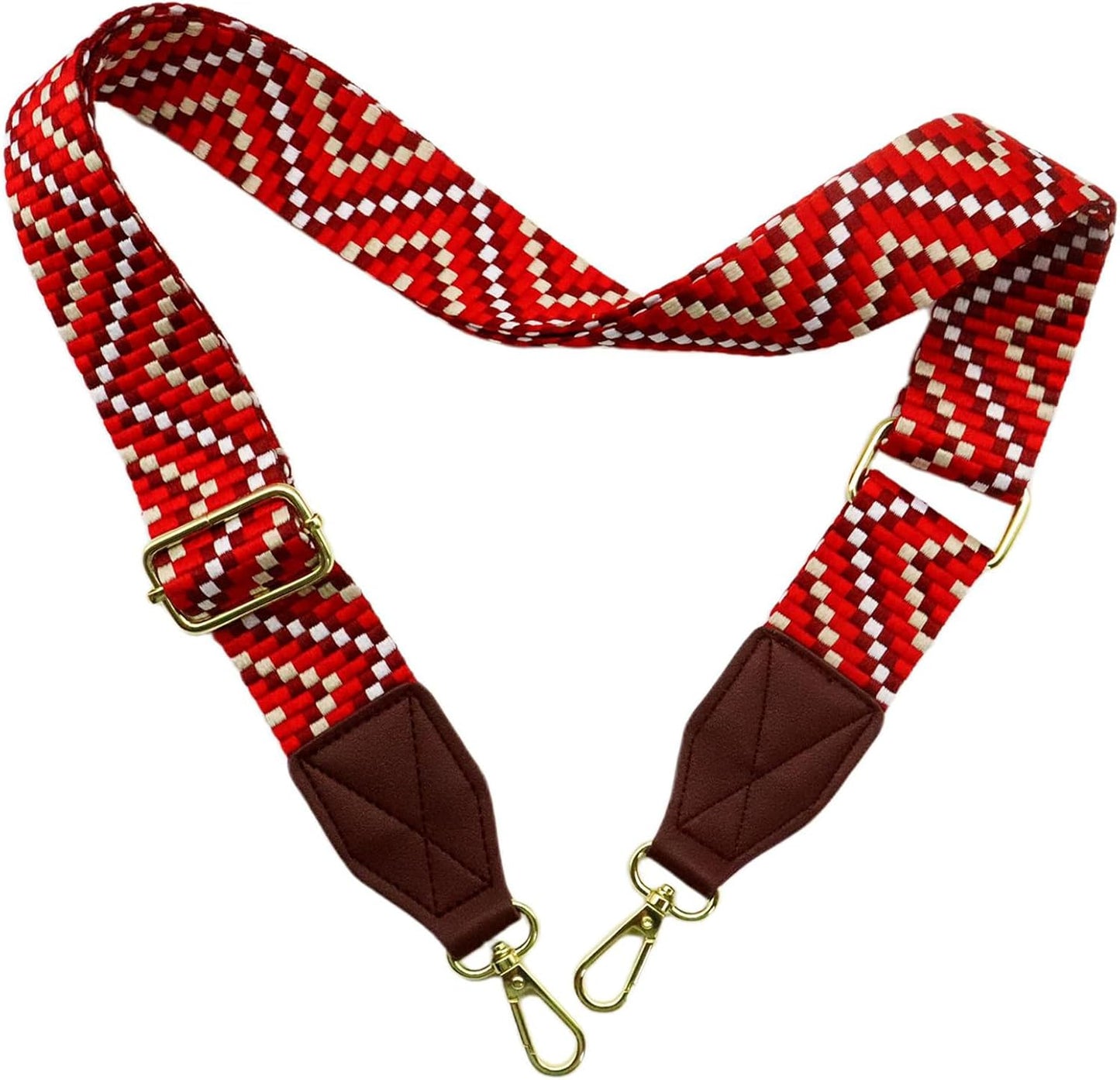 Adjustable Red Purse Strap with Brown Leather End - 1.5" Wide Handbags, Camera, Guitar, Phone & Crossbody Bag Replacement Shoulder Straps(Gold Hardware)