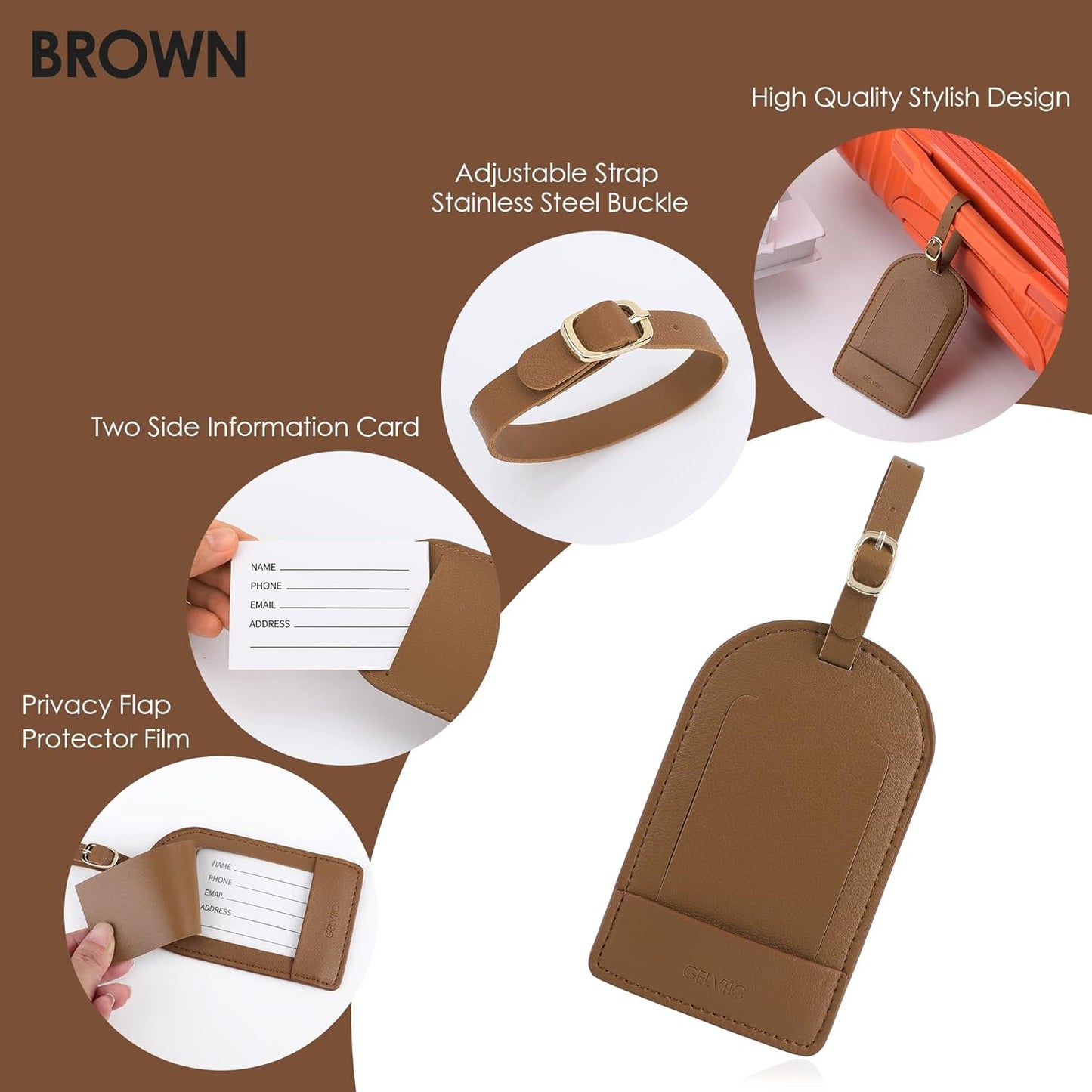 Faux Leather Luggage Tags for Suitcase Tag Set Privacy Protection with Identifie Name Lable ID Card Baggage tag for Men Women Travel Accessories, 2/4 Pack (LT07-Brown*4)