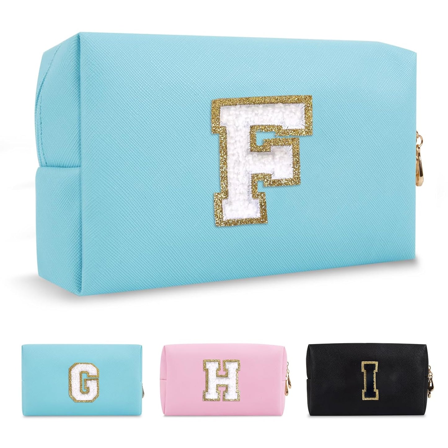 Small Personalized Initial A-Z Preppy Patch Makeup Bag,PU Chenille Letter Travel Cosmetic Pouch with Zipper,Blue Cute Toiletry Bag,Gift Ideal for Teen Girls Women Teacher Bridesmaid,Letter F