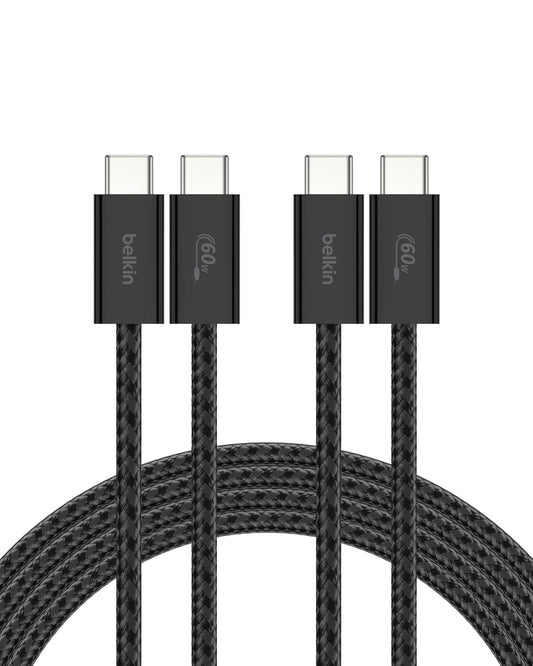 Belkin USB C to USB C Cable 2-Pack, 6.6ft, 60W - Type C Charger, iPhone Charger Cord, Soft, Braided, Flexible for iPhone 17, Galaxy S25, Pixel 10, Airpods, iPad Pro & More, Travel Essentials - Black