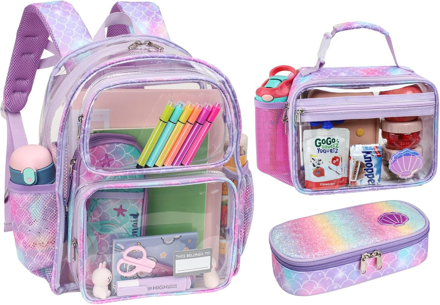 Bagseri 3pcs Clear Backpack for Girls - 15 Inch Backpack and Clear Lunch Bag and Pencil Case Set, Heavy Duty Transparent Bookbag for School, See Through Bag for Kids Aged 3 to 8, Purple Mermaid