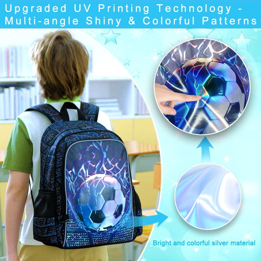 3PCS Kids Backpack for Boys, Water Resistant Soccer Bookbag Set with Lunch Box, Cute School Bag for Preschool Toddler