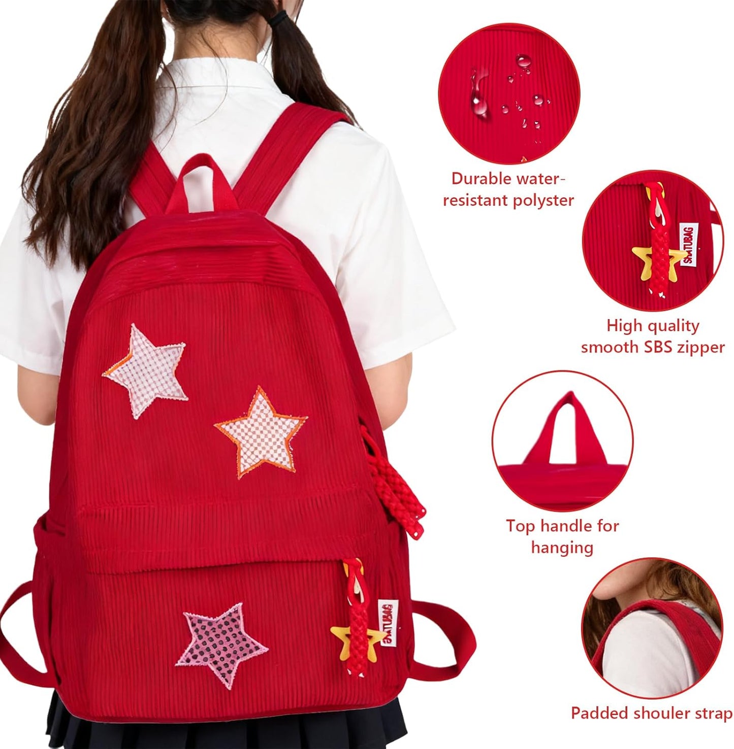 Corduroy Backpack with Star Pattern, Trendy and Versatile, Fits 14'' Laptop Large Capacity Daily Commute (Red)