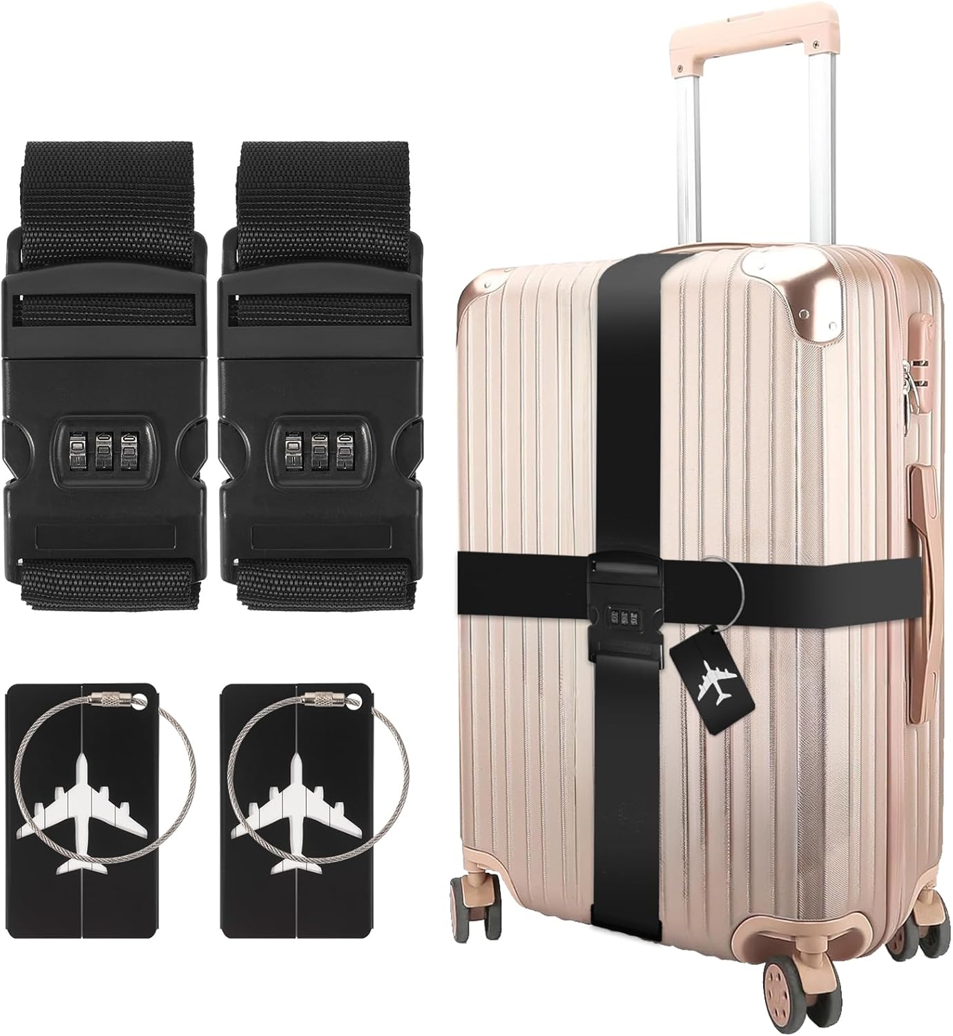 BILIONE 2 Pack Luggage Straps for Suitcases with Password Lock & Metal Airplane Tags, Adjustable Suitcase Belt & Travel Belt, Luggage Connector Straps to Connect Two Bags 20-34 Inch (Black)