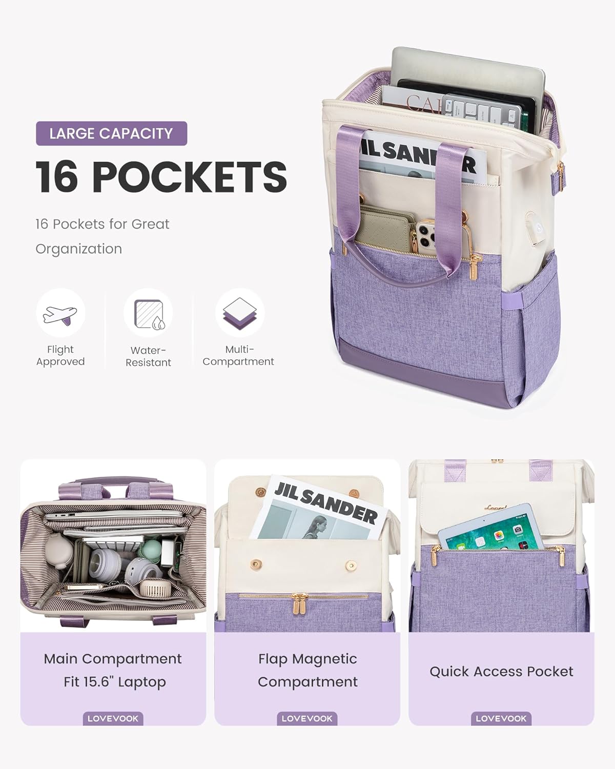 LOVEVOOK Laptop Backpack for Women, 15.6 Inch Work Laptop Bag with USB Port, Fashion Teacher Nurse Backpack Purse, Waterproof Travel Computer Backpack with Organizer Bag, 2PCS, Beige-Light Purple