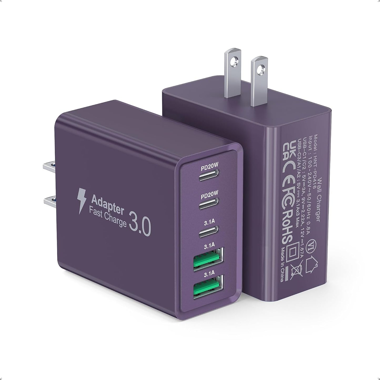 [2Pack] 60W USB C Plug,5-Port Fast Charger Block PD+QC Cube Wall Charging Box Brick for iPhone