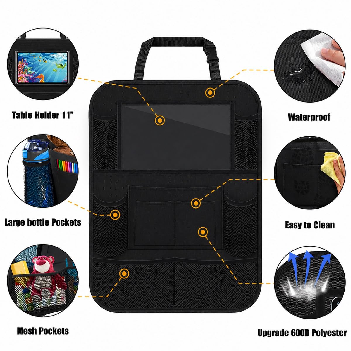 ULEEKA Car Backseat Organizer with 10" Table Holder, 9 Storage Pockets Seat Back Protectors Kick