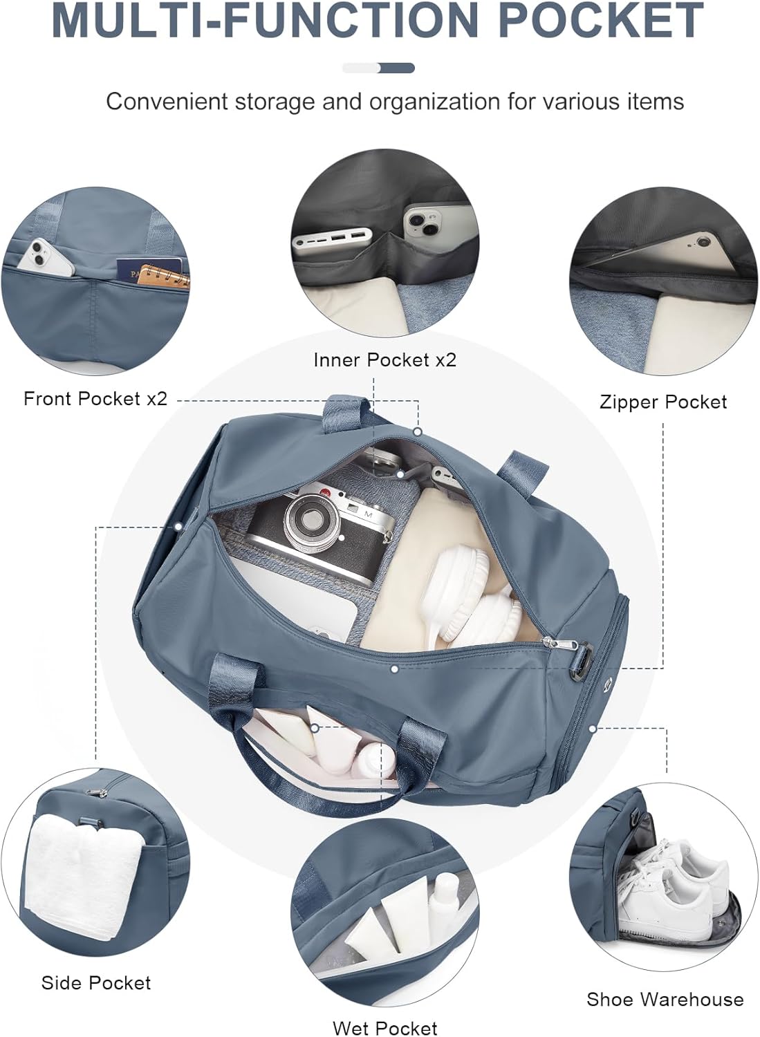 Gym Bag for Women Men with Shoe Compartment, Sport Duffel Bag, Waterproof Travel Weekender Overnight Carry on Bag for Yoga with Trolley Sleeve, Jewel Blue