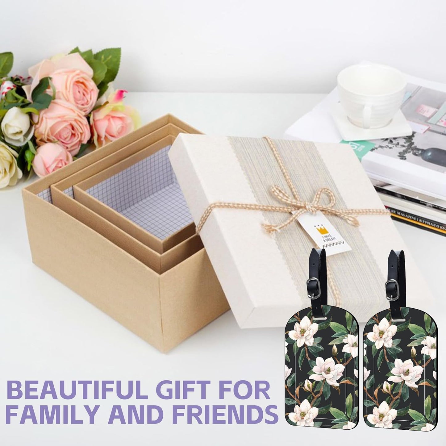 2 Pack Luggage Tags Vintage Floral PU Leather Baggage Handbag Suitcase Tags with Secure Strap Privacy Cover ID Labels,Business Travel Baggage Tag Identifier