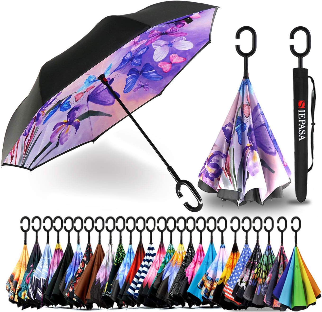 SIEPASA 49/56 Inch Inverted Reverse Upside Down Umbrella, Extra Large Double Canopy Vented Windproof Waterproof Stick Golf Umbrellas with C-shape Handle.