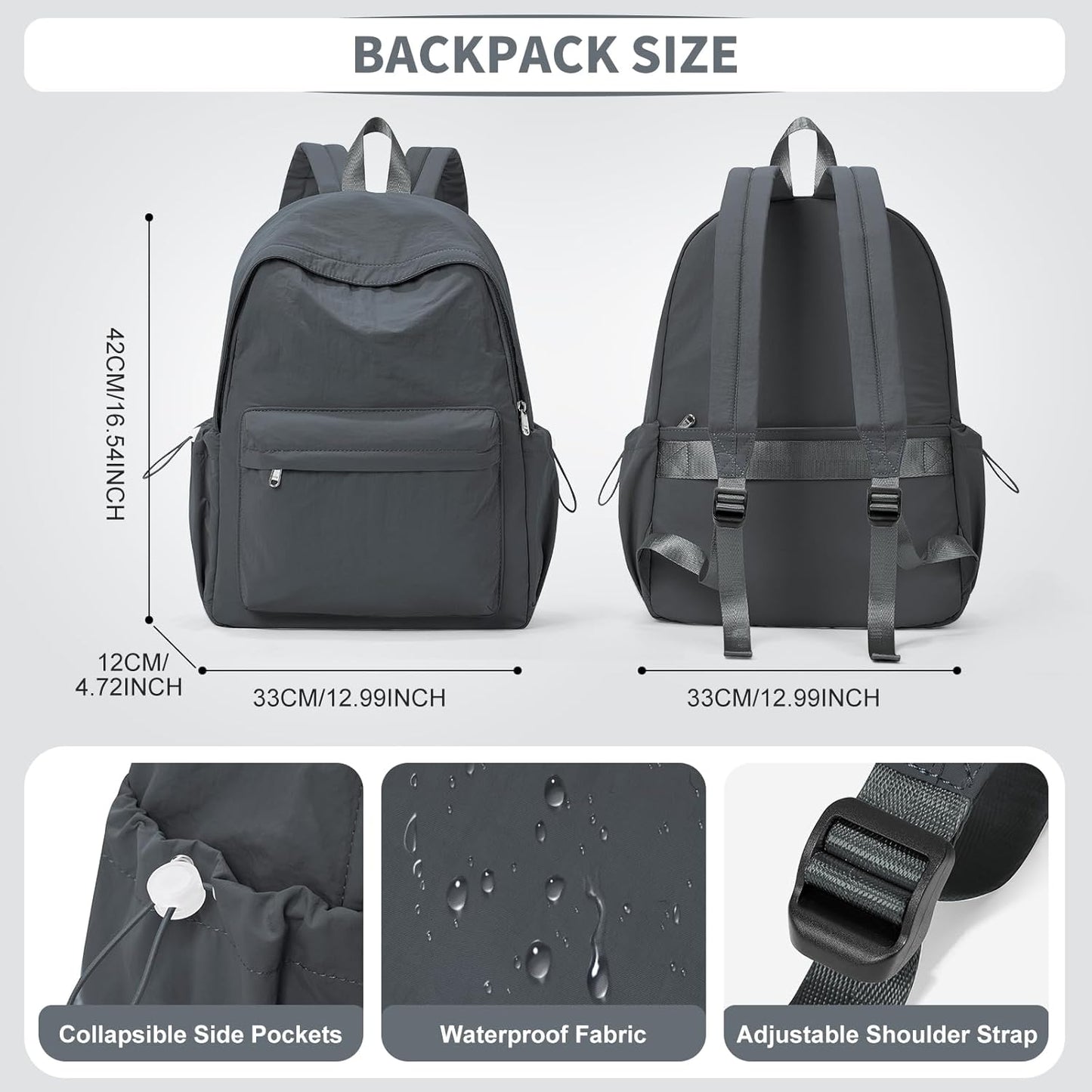 Simple School Backpack For Women Men Aesthetic Medium Backpack Lightweight Casual Daypack College Backpacks Cute Bookbag for Teens Girls Boys Basic Bagpack（Grey）