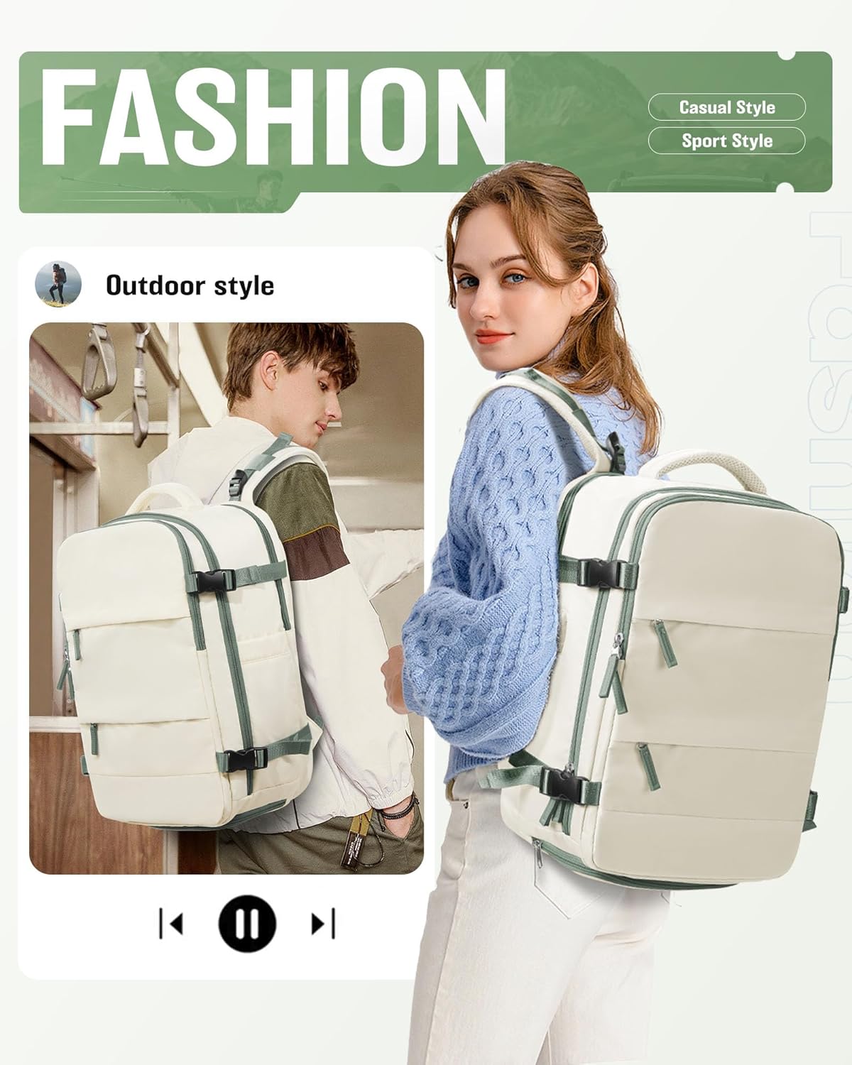 Vacuum Backpack Travel with Pump for Women,Flight Approved 18x14x8 inches,Travel Backpack with Vacuum System,15.6 Inches Laptop Bag,Rice White with Green