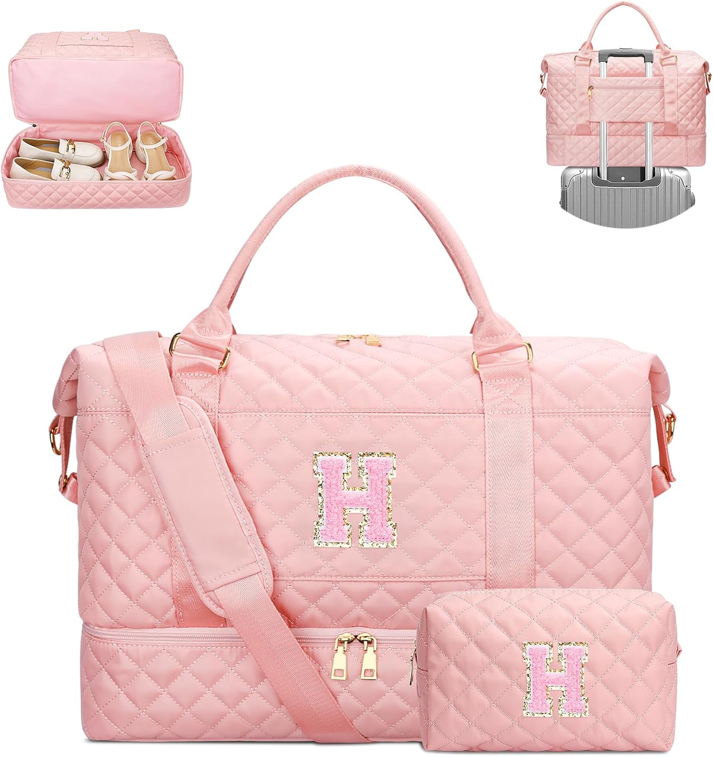 Gifts for Friend Birthday Christmas Initial Travel Duffle Bag Quilted Weekender Bags Carry-On Overnight with Cosmetic Bag, Gym Bag with Shoe Compartment, Pink-H