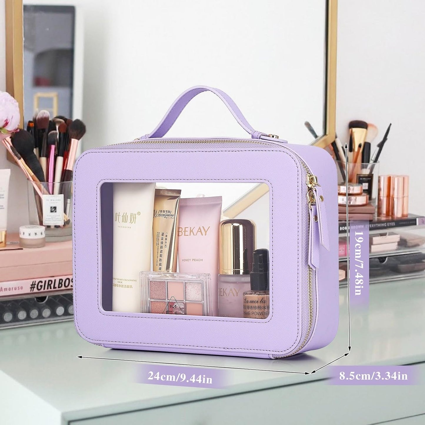 Clear Travel Makeup Bag with Brush Bag Portable Transparent Cosmetic Bag and Toiletry Bag Waterproof Clear Makeup Bag with Zipper Car Bag for Women (Purple, L+Slim)