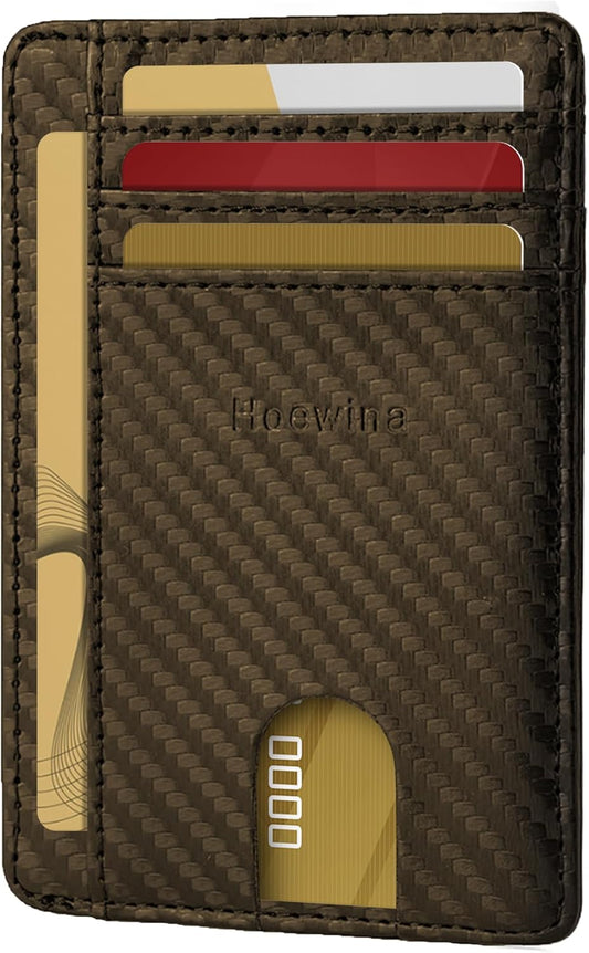 Hoewina Slim Wallet for Men, Credit Card Holder Wallet, Minimalist Design - RFID Blocking Front Pocket Leather Thin Wallet for Men and Women（Carbon Fiber Coffee）