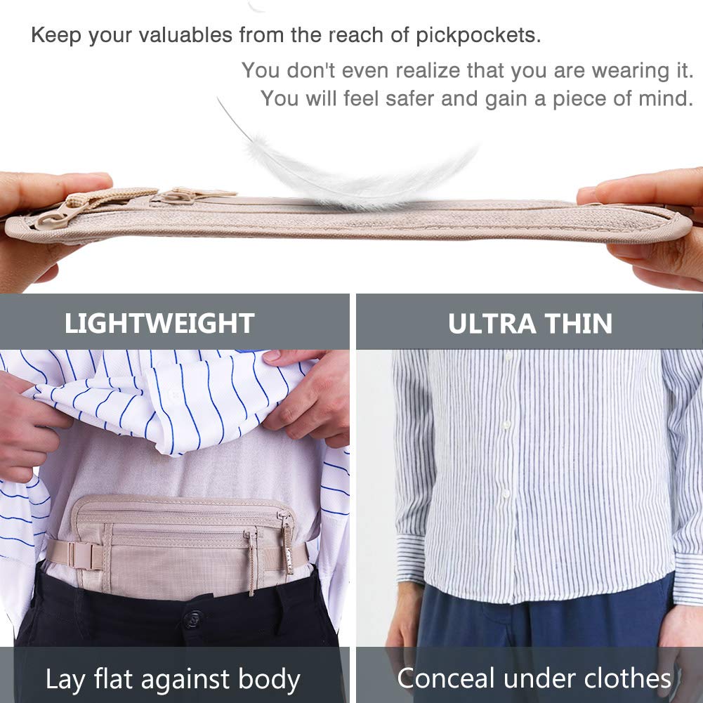 Money Belt for Travel, Slim RFID Blocking Women and Men Hidden Travel Pouch Under Clothes, Passport