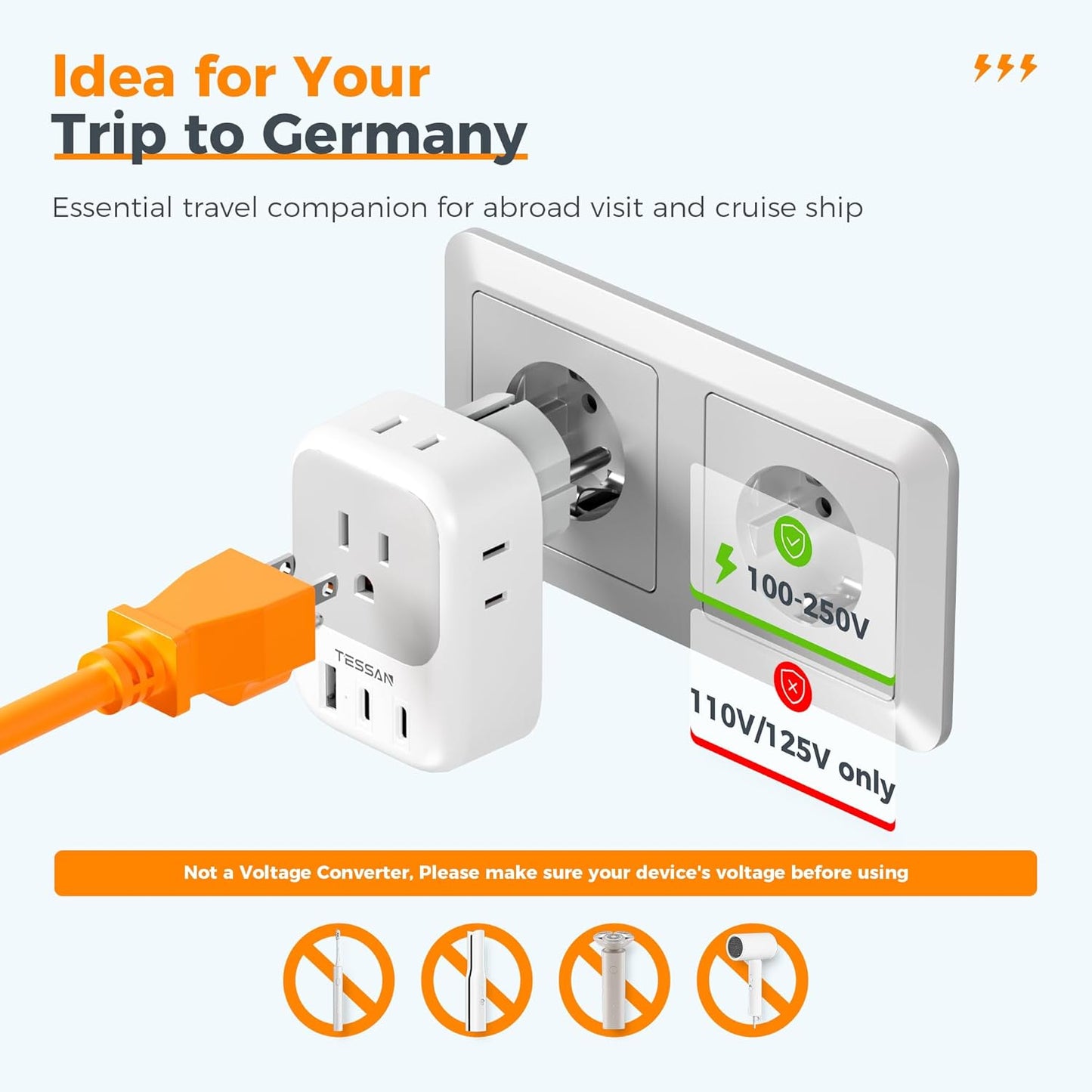 TESSAN Type E F Plug Adapter, France Travel Power Adaptor with 3 USB Ports(2 USB C) and 4 AC Outlets, US to Europe EU Germany Spain Greece Portugal Iceland Paris Russia Poland Norway