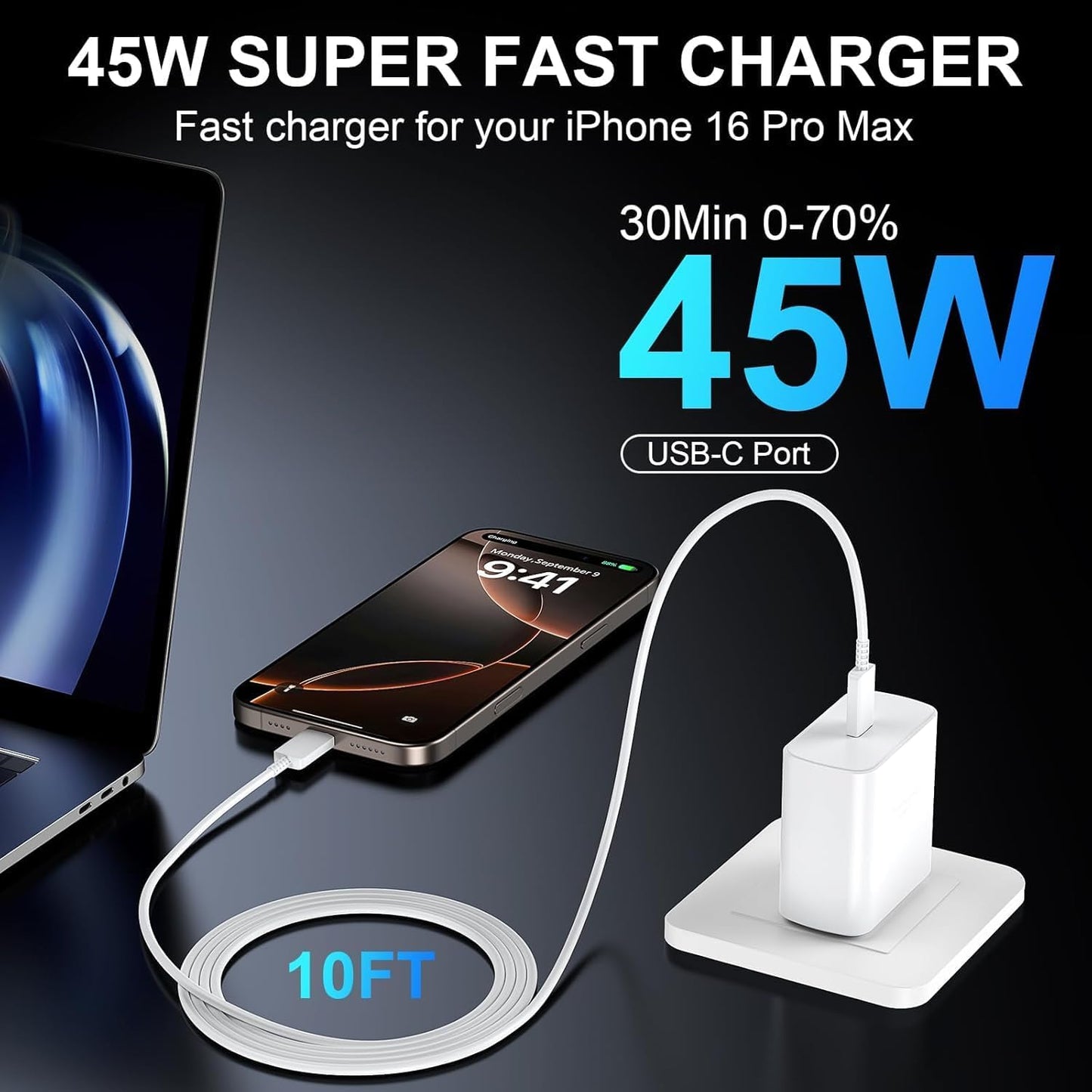 iPhone 17 16 15 Fast Charger Block,𝟒𝟓𝐖 𝐃𝐮𝐚𝐥 USB C Charger Plug Cube and 10ft Type C to C Charging Cable Cord Long for Apple iPhone 17 Pro Max/17 Air/16 Pro Max/16/15 Plus/15/iPad Mini/Samsung