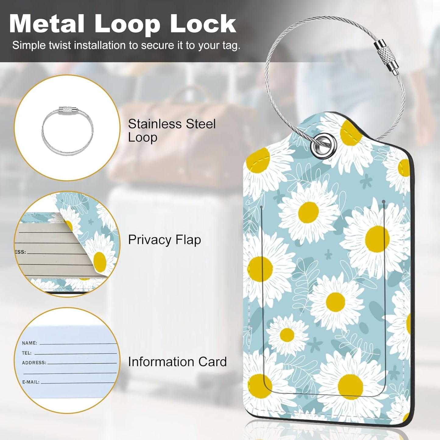 2Pack Luggage Tags for Suitcases, Cute Unique Pu Leather Cruise Luggage Tag with Privacy Cover ID Label Address Card and Metal Ring Suitable for Women Men Kids Travel Bag White Sunflower Flower