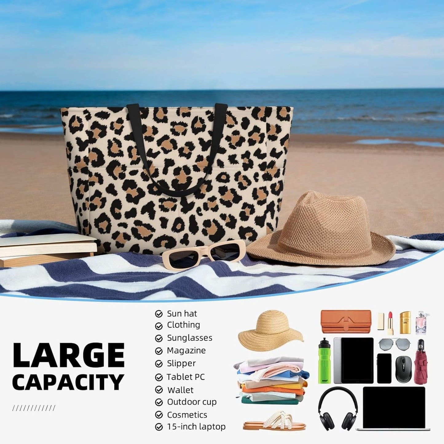 Large Travel Beach Tote Bag with Zipper Pockets Portable Lightweight Gym Bag Picnic Outdoor