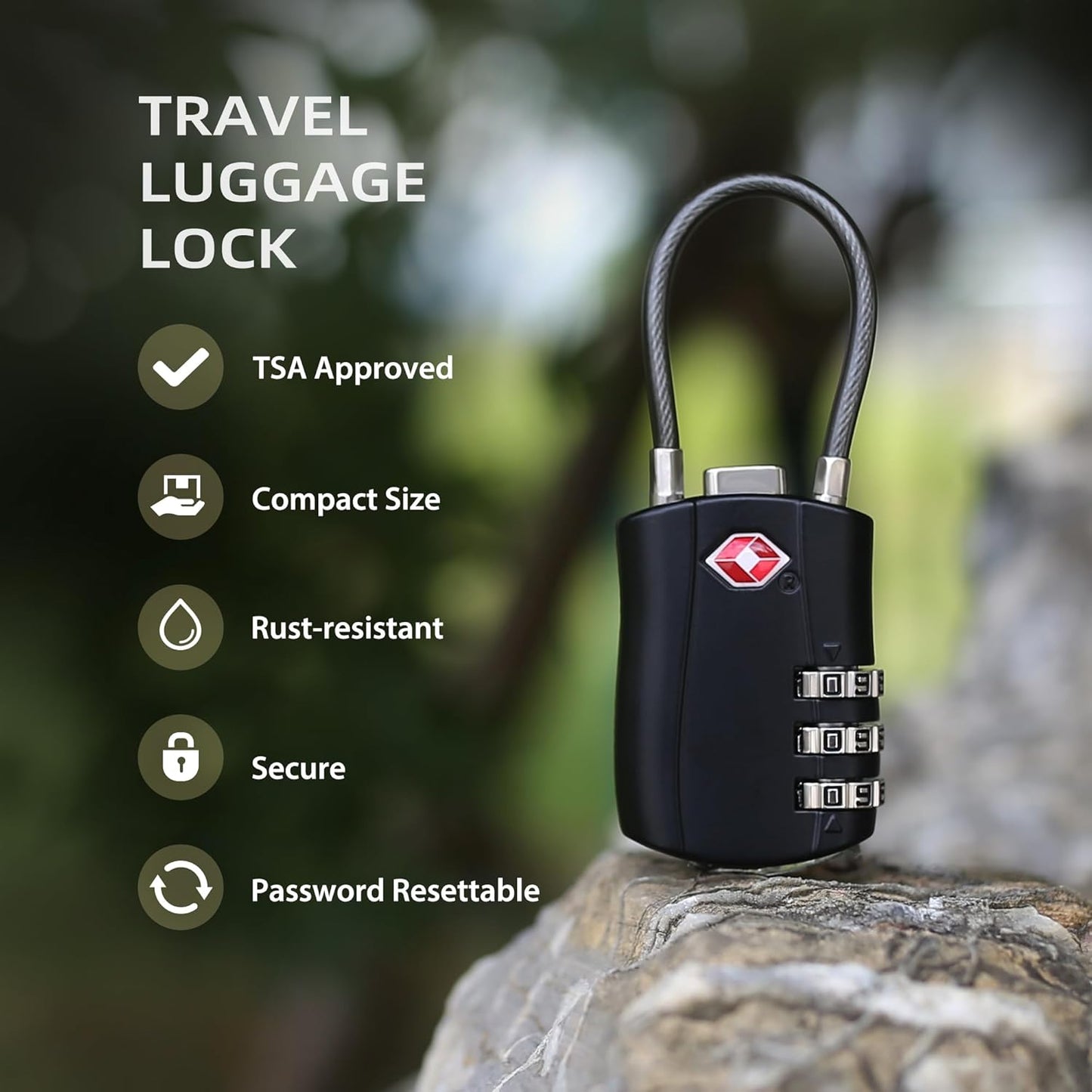 TSA Locks for Luggage, Small Padlock Combination with Cable, Luggage Locks TSA Approved, Combo Padlock with Code, for Travel Suitcase, Gym Locker, Gun Case, Backpack Zipper (Black)