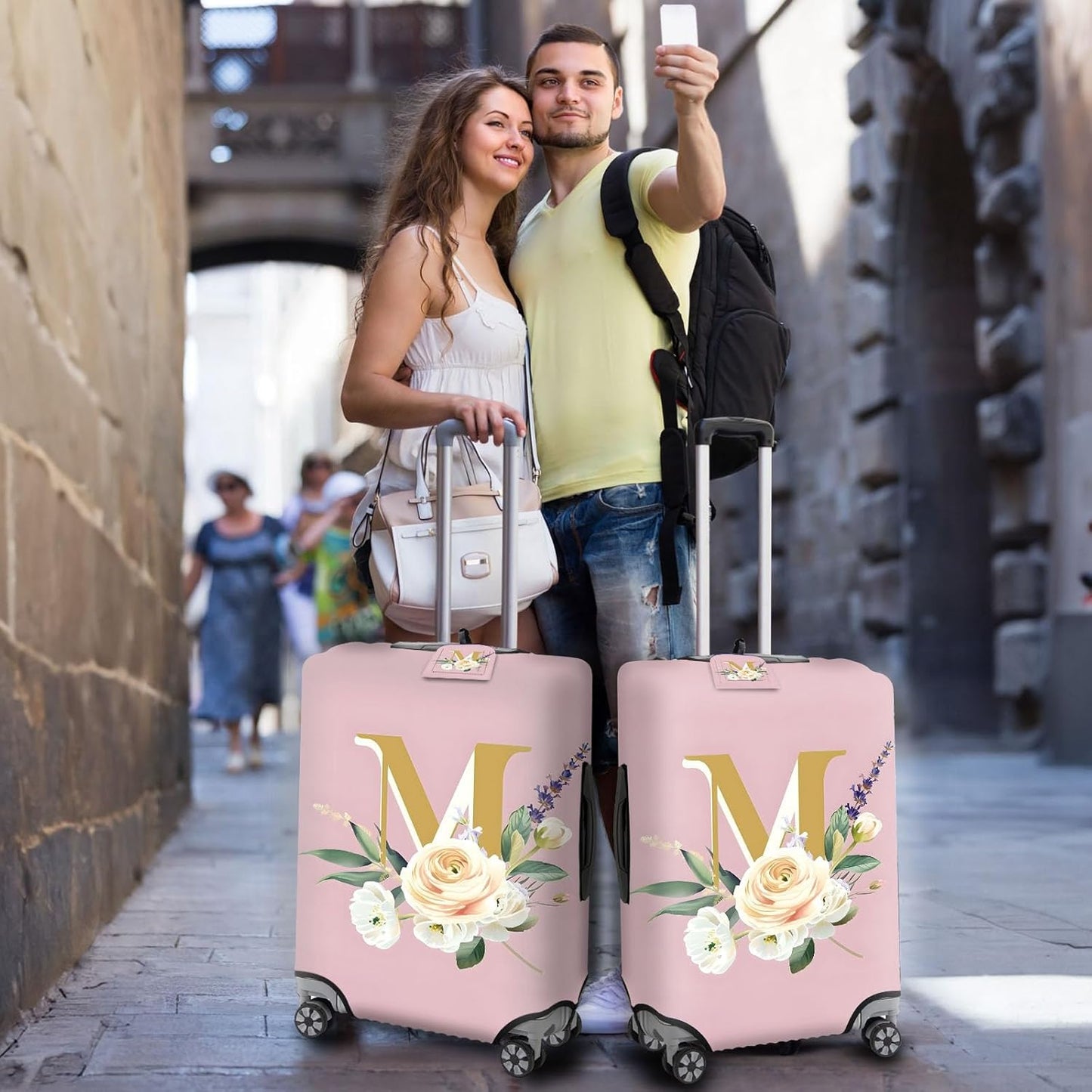 Travel Luggage Cover,Floral Letter M Theme Suitcase Cover Accessory Kit, Luggage Tag, and Comfortable Luggage Handle Wrap, Washable Zipper Close Luggage Suitcase Protector (18-20 inch,S)