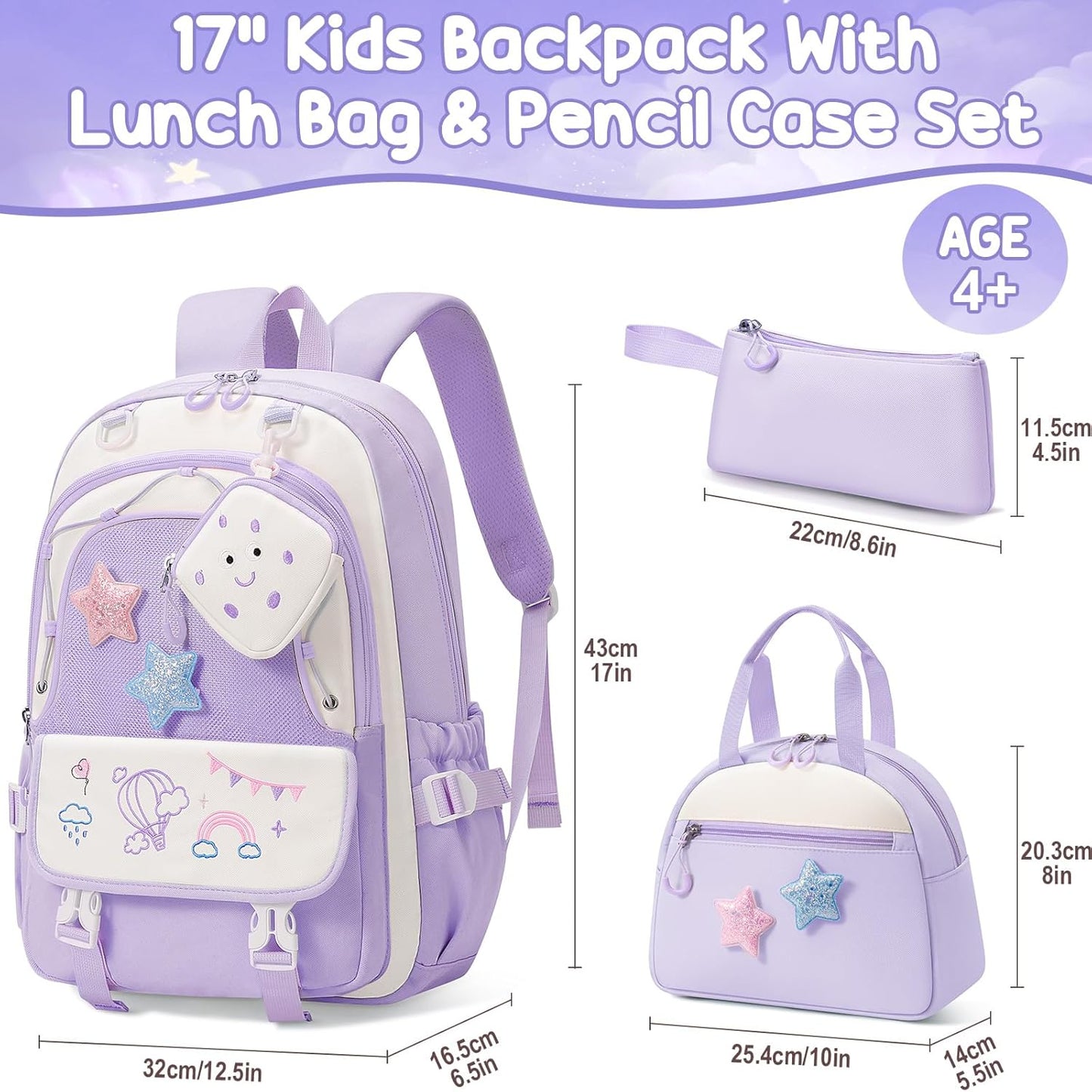 Fimibuke Kids Backpack for Girls, 4 PCS Waterproof Teen Girls Backpack with Lunch Box, Pencil Case & Headphone Bag Set