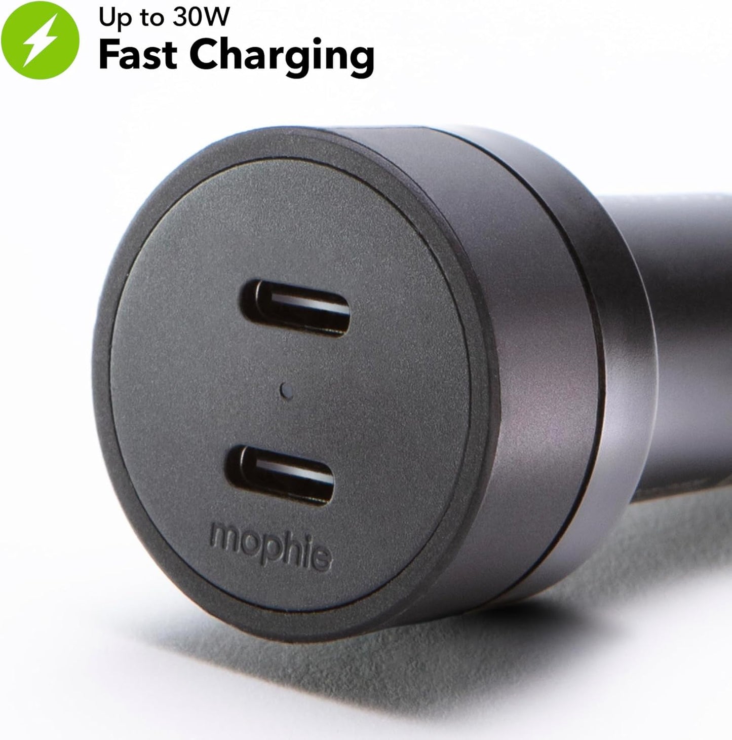 Mophie 60W Dual USB-C Car Charger, Universal AUX Compatibility, LED Indicator, Fast Charging, Multi-Device