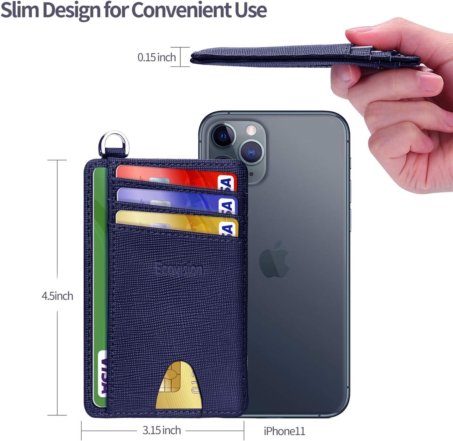 EcoVision Slim Minimalist Front Pocket Wallet, RFID Blocking Credit Card Holder Wallet with Detachable D-Shackle for Men Women