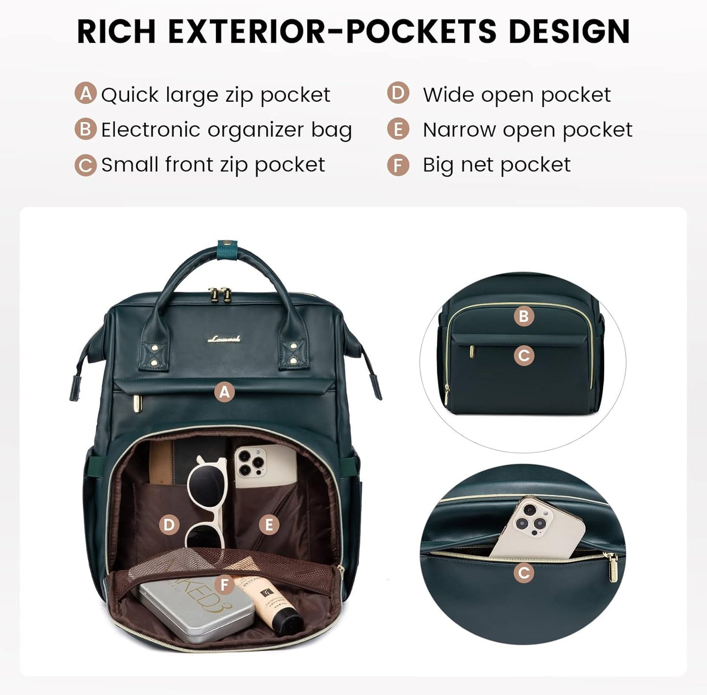 LOVEVOOK Leather Laptop Backpack for Women 15.6 inch,Travel Purse Nurse Teacher Backpack Computer Laptop Bag,Professional College Business Work Bag Carry On Backpack with USB Port,Dark Green