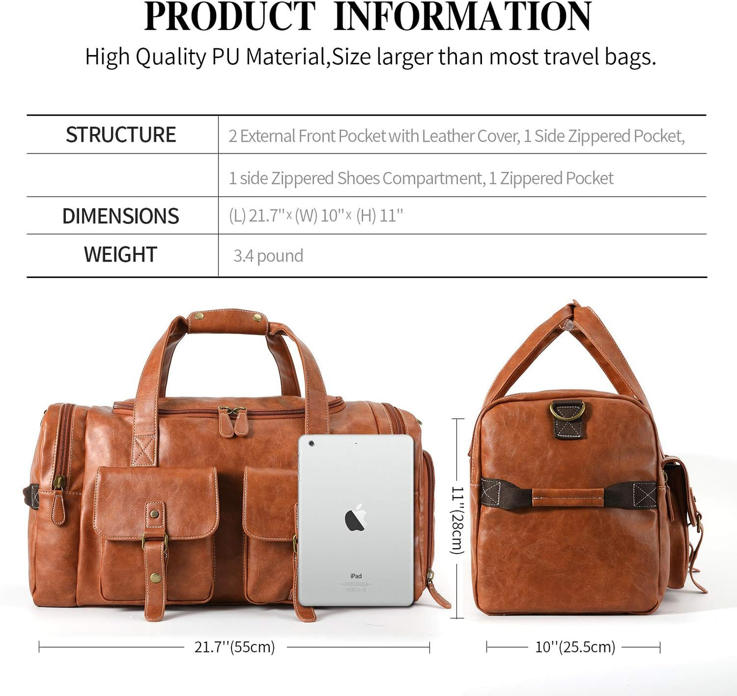 Zeroway PU Leather Travel Duffel Bag with Shoe Pouch Large Carry on Bag Waterproof Weekender
