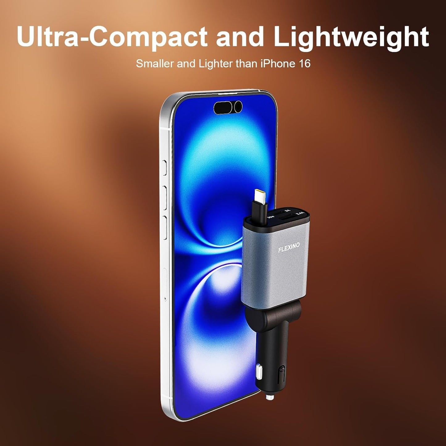 Flexino 【Ultra-Slim】 Retractable Car Charger for iPhone 16, 57W Fast Charging Car Chargers, USB C Car Charger Adaptor, Cigarette Lighter Adapter for iPhone 16/15 Series, Galaxy, Pixel, Grey