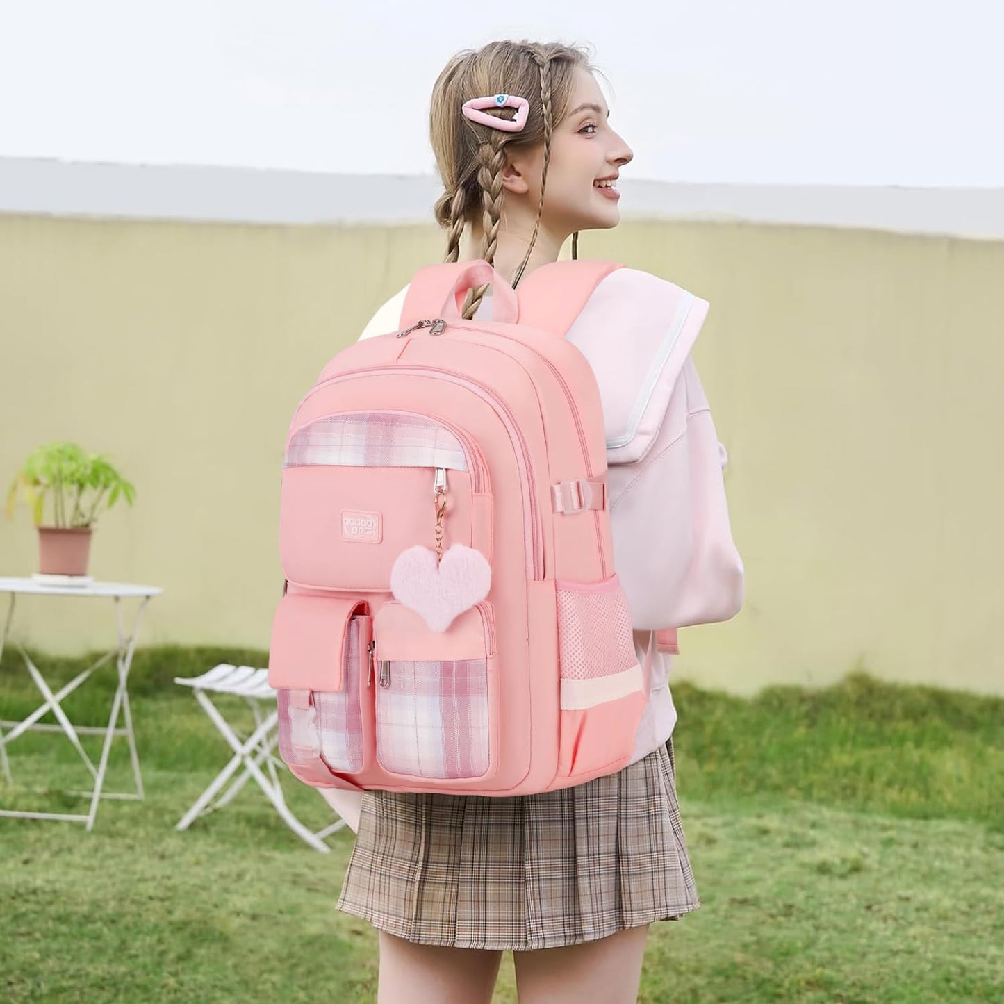 3PCS School Backpack For Student Women College Middle High Teen Girls Bookbag Waterproof Laptop Bag Plaid Pink