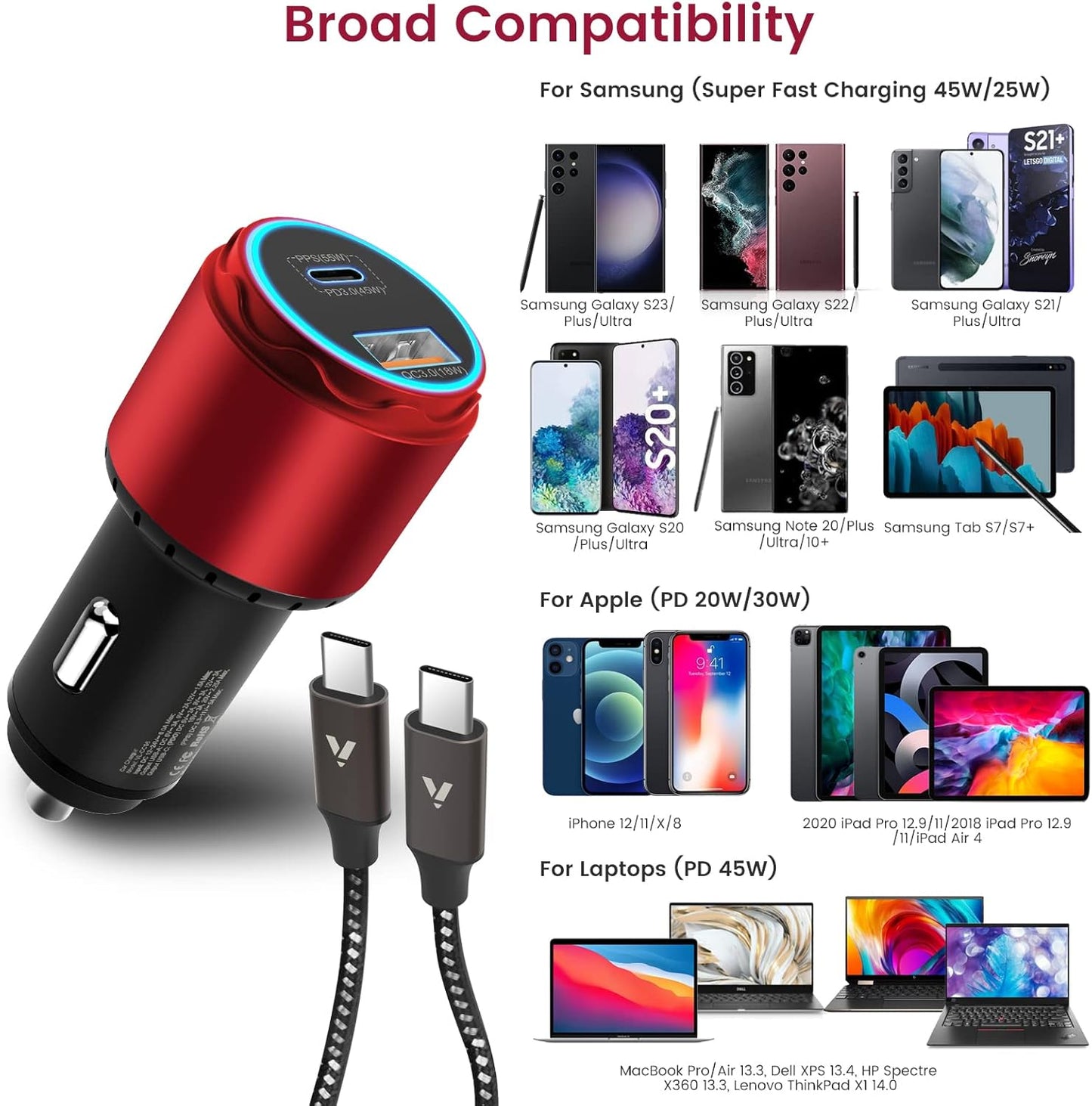 VELOGK Super Fast Type C Car Charger [73W Turbo], Fast Adaptive 55W 45W PPS/PD&QC3.0 USB C Car Adapter[Super Fast Charging 2.0] for Samsung S25 Ultra/S24 Ultra/S23 Ultra/S22+/S21/S20, iPad Pro(Red)