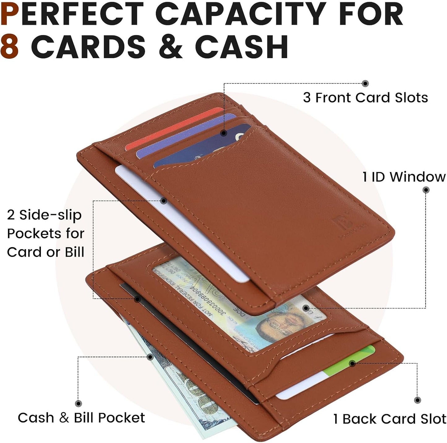 Pomelo Best Top Grain Genuine Leather Wallet for Men and Women, Slim Minimalist Front Pocket RFID Blocking Card Holder for Travel, Gifts, Brown