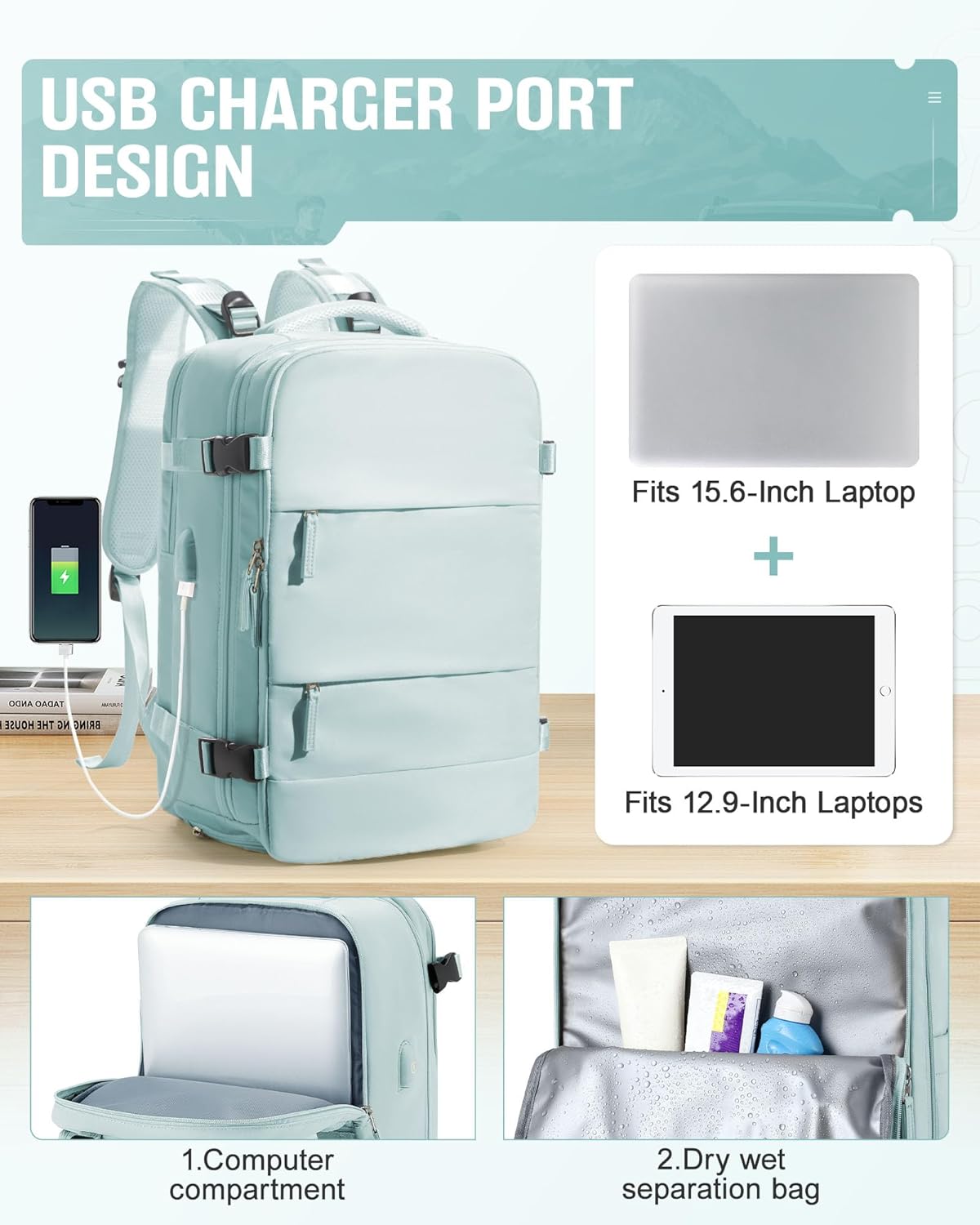Vacuum Backpack Travel,Travel Backpack with Vacuum System,Vacuum Seal Compression Backpack with Pump for Travel,Flight Approved 18x14x8 inches Laptop Bag,Light Blue