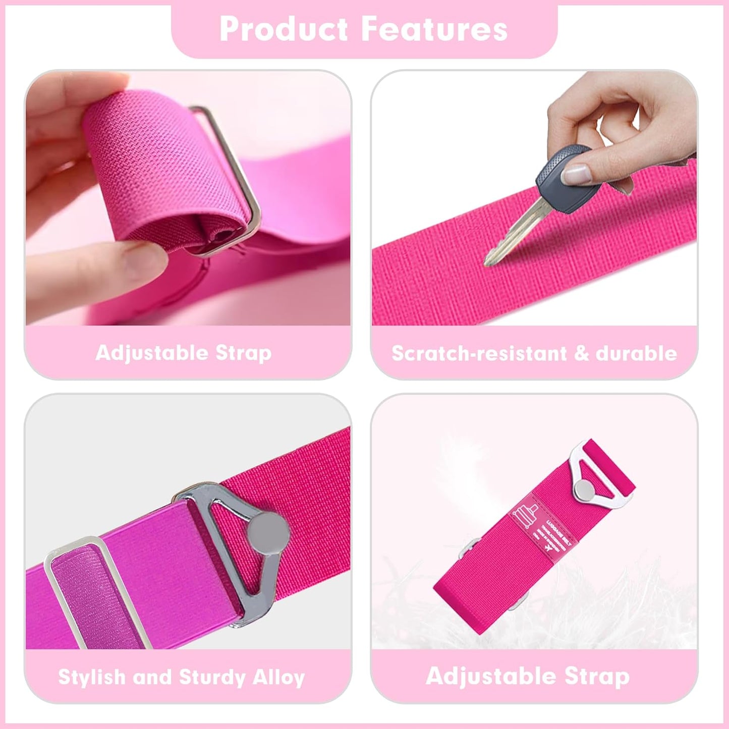 2-in-1 Travel Belt for Luggage Over Handle, Luggage Belt for Carry on Bag, Suitcase Straps, Add a Bag Bungees Luggage Straps Adjustable with Alloy Buckle,Hands-Free for Airport (Pink, 2 Pack)