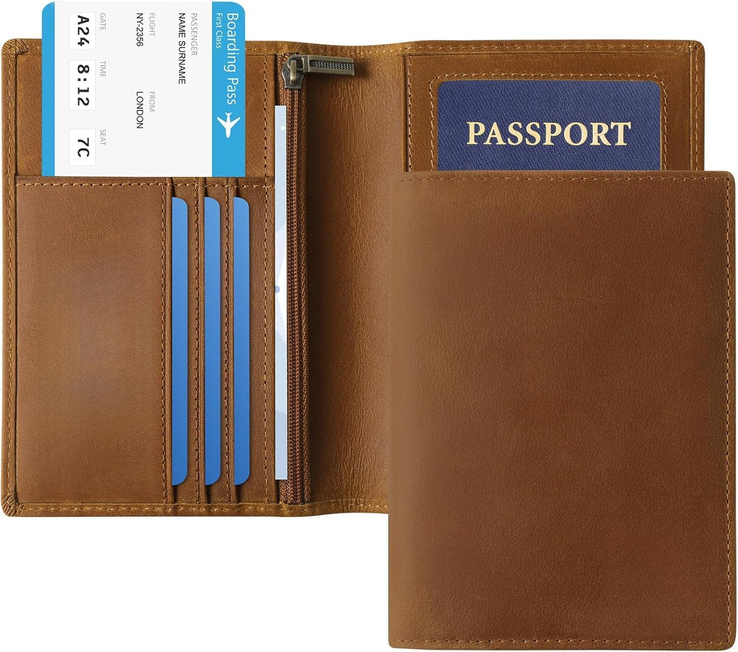 Genuine Leather Passport Cover for Men & Women, RFID Blocking Travel Wallet with Family Storage Capacity (Bourbon Brown)