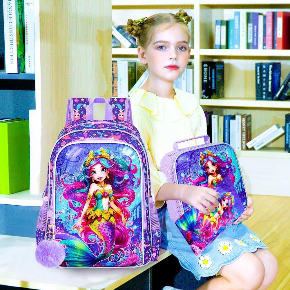 CCJPX 3PCS Kids Backpack for Girls, 16”Mermaid Sequin Preschool Bookbag Set, Cute Water Resistant School Bag for Elementary Kindergarten Toddler
