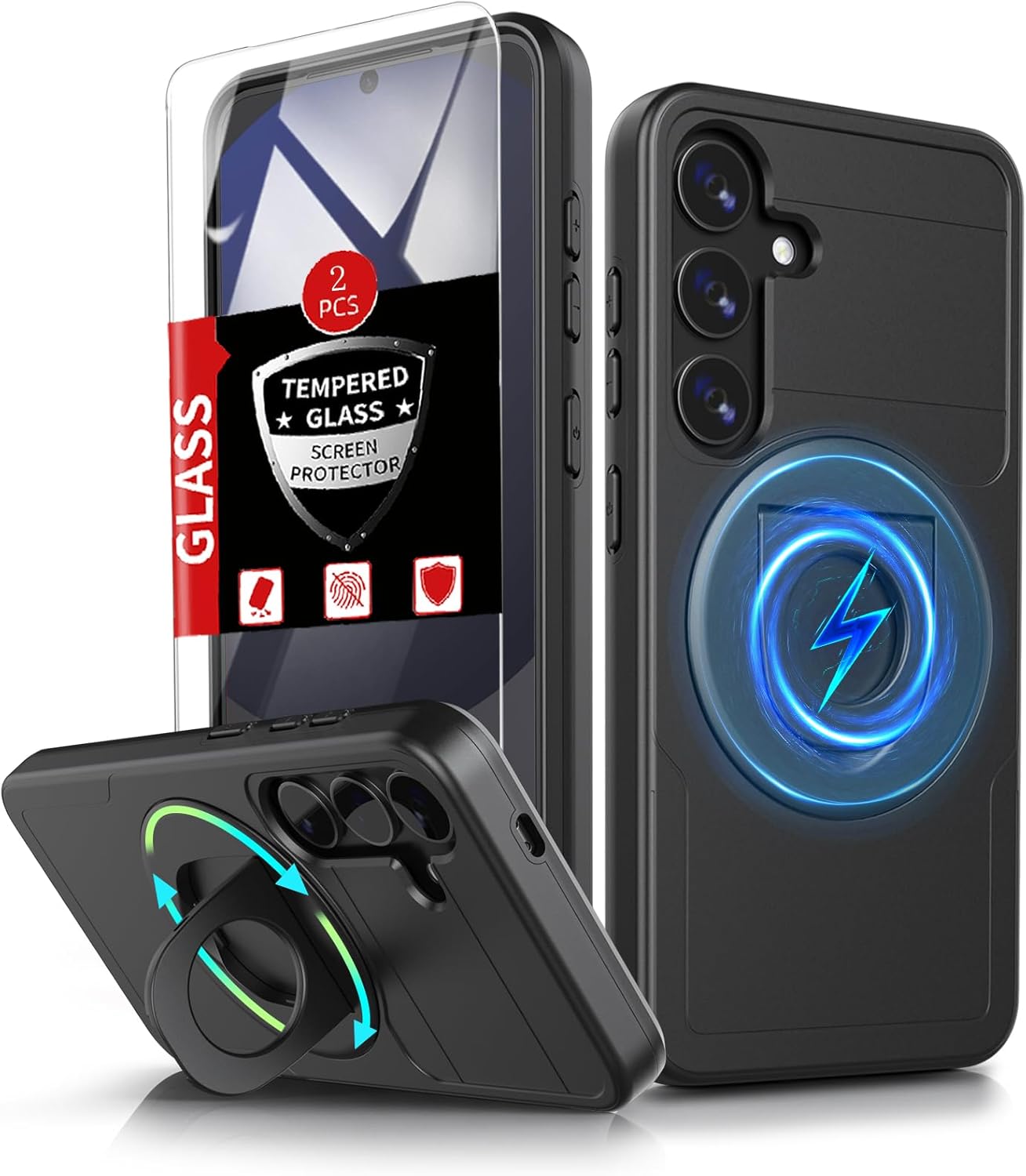 for Samsung Galaxy S24 FE Case Magnetic Compatible with MagSafe Wireless Charging,with 2 Screen Protectors,for S24 FE Case with Stand Ring Anti-Scratch Shockproof Heavy Duty Protection Black