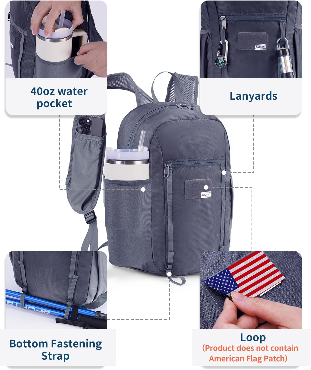 Blue Quartz 15L Hiking Backpack with Chest Pockets for Phone, Ultralight Hiking Daypack with Sternum Straps, Lightweight Foldable Packable Back Pack for Women Men(patent pending)