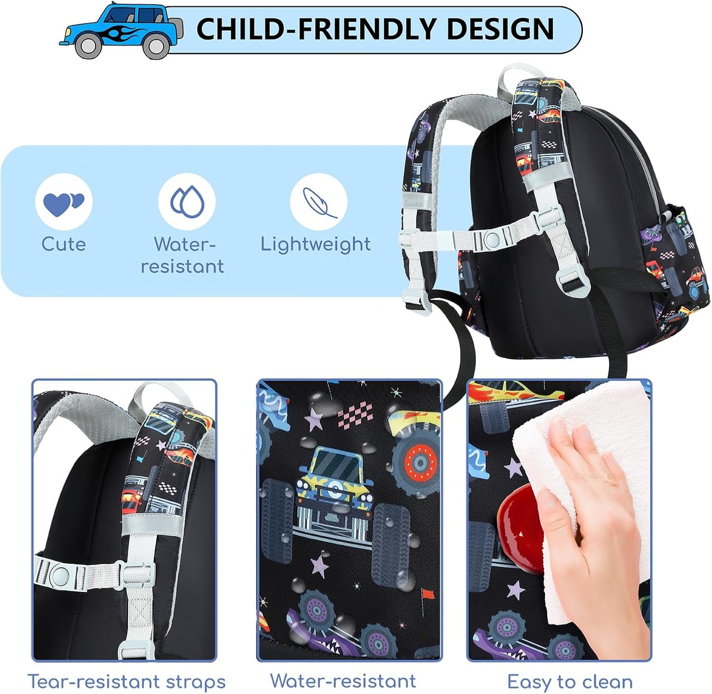 CAMTOP Toddler Backpack for Boys Girls 2-4, Kids Backpacks for Kindergarten Preschool, 12" H Small Bookbag for Daycare Travel (Black)