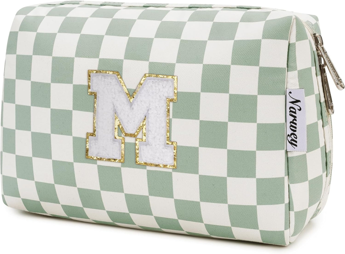 Narwey Birthday Gifts for Women Girls, Initial Makeup Bag for Bridesmaid Teacher Sister Friend Daughter Graduation Gifts, Personalized Monogram Cosmetic Toiletry Bag, Teen Girls Trendy Stuff (Green M)
