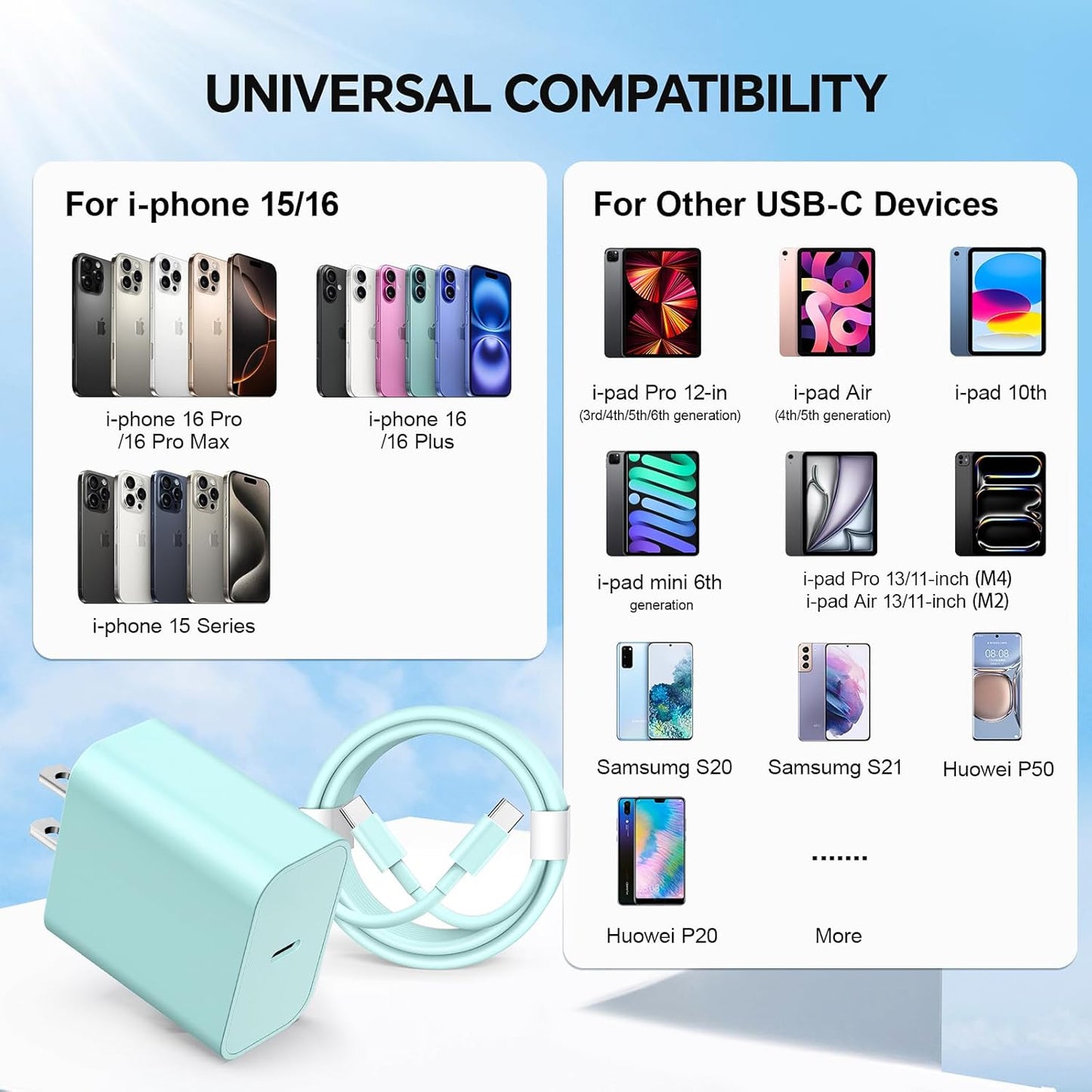 Compatible with iPhone 16 15 17 Charger, 2Pack 20W Fast Charging Wall Charger Block Cubes with 6/10Ft USB C to USB C Cable Compatible with iPhone 15 16 17 Plus/Pro Max/iPad Pro - Green
