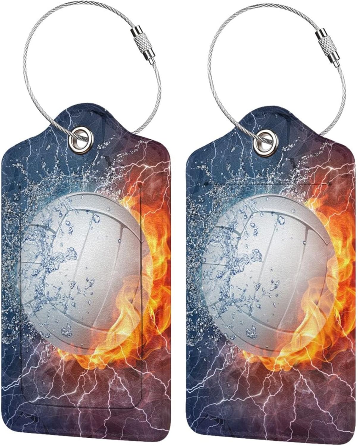 Set of 2 Volleyball Luggage Suitcases Tags for Sports Men Boys Kids Women Girls Travel, Name ID Card Labels Set PU Leather with Full Back Privacy Cover Stainless Steel Loop Baggage Tags for Travel